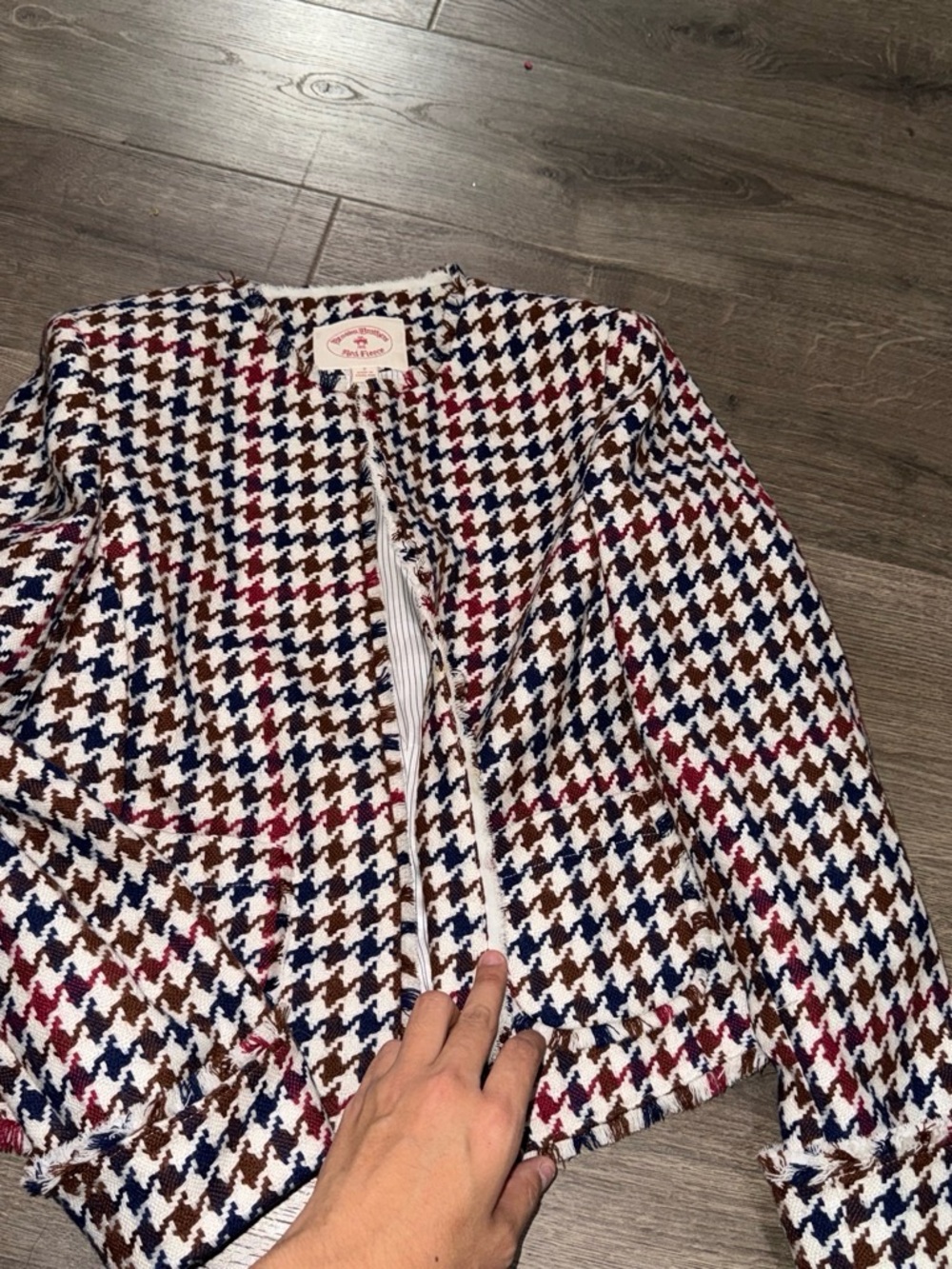 Brooks Brothers Cream Houndstooth Zip Jacket with Navy, Brown and Red